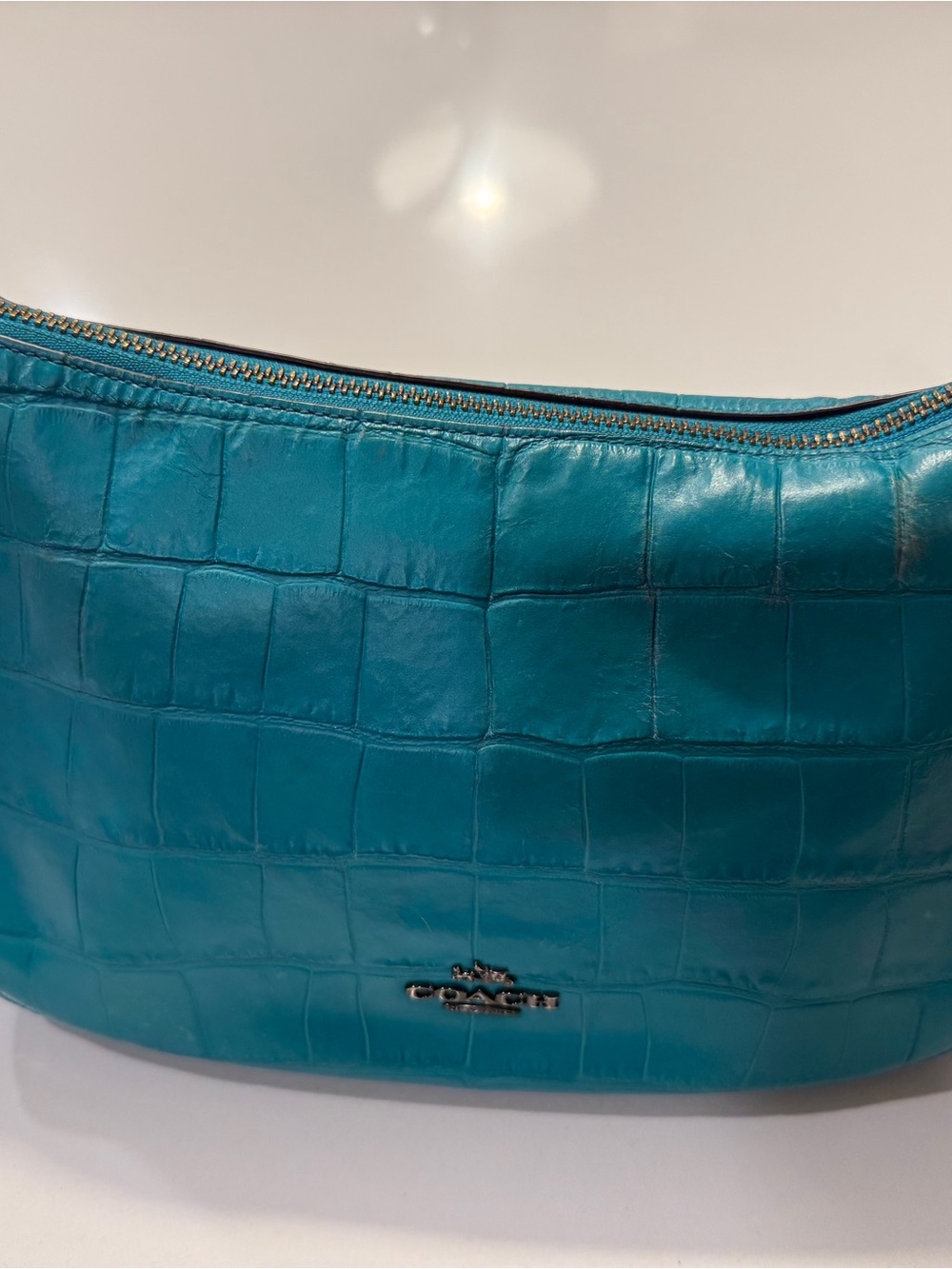 Coach Turquoise Croc Embossed Leather Shoulder Bag